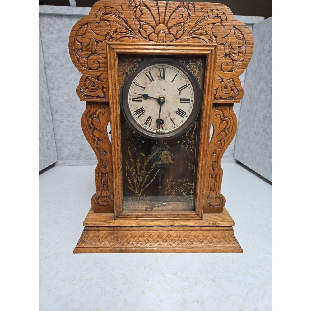 Antique Sessions Oak Gingerbread Clock Gold Stencil Butterfly Glass for Restore